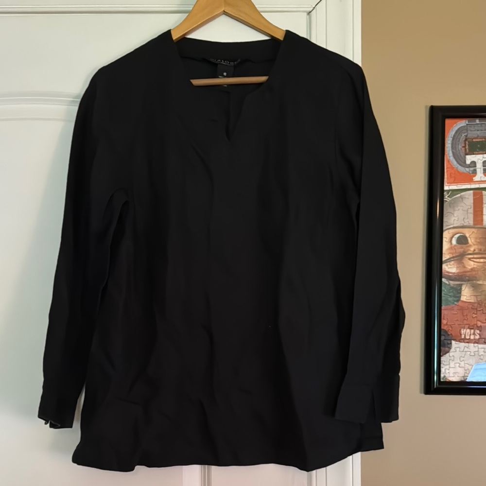 Dialogue Black Boxy Blouse with Mandarin Collar